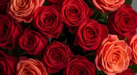 Naklejka premium Close up view of a lush bouquet of deep red and vibrant coral roses creating a romantic floral arrangement