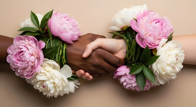 Diverse hands clasped in a handshake adorned with vibrant pink and white peonies symbolizing unity and friendship