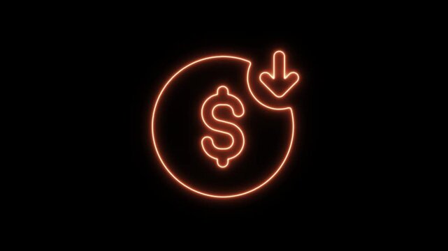 Neon dollar sign and down arrow icon representing financial loss or budget reduction with orange glow  Neon Icon Neon Sign