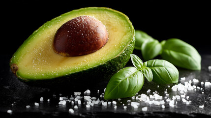 Fresh avocado halves with basil and sea salt black background