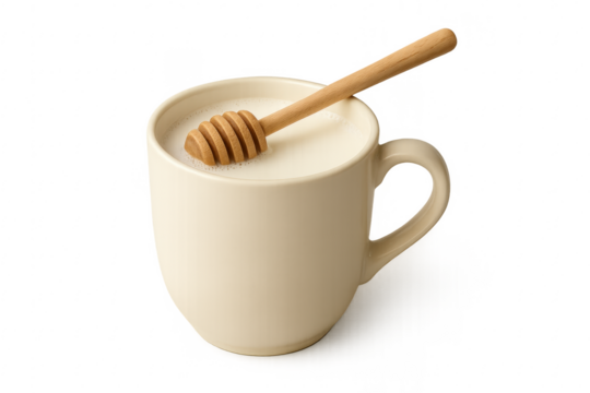 Milk in mug with wooden honey dipper