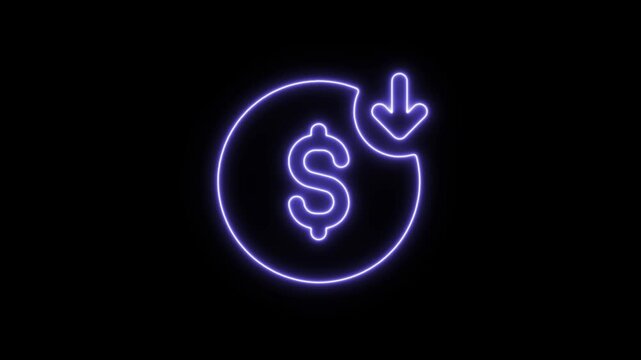 Neon dollar sign with downward arrow symbolizing financial decrease or savings with blue glow Neon Icon Neon Sign.mov