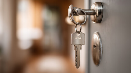 House key inserted in door lock real estate concept