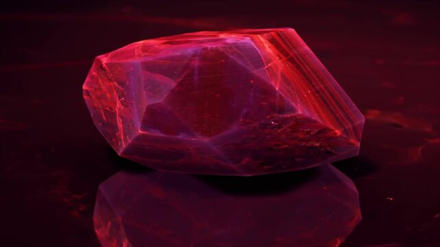 AI generative close-up video of raw ruby chunk, showing natural crystal texture, deep red tones, and sparkling mineral details under studio lighting