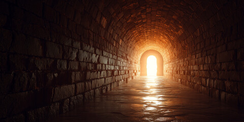 Mysterious medieval tunnel entrance with bright light