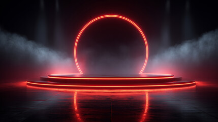 Red neon circle stage with glowing smoke background