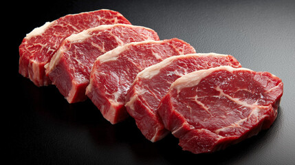 Raw beef steak slices on black stone background