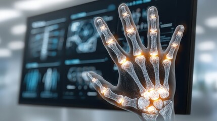 A digital illustration of a glowing human hand skeleton with highlighted joints in front of a futuristic data screen.