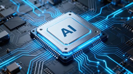 AI Learning and Artificial Intelligence Concept. Futuristic AI chip on a circuit board with glowing blue connections.