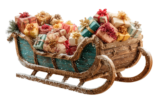 Vintage Wooden Sleigh Filled with Wrapped Christmas Gifts 