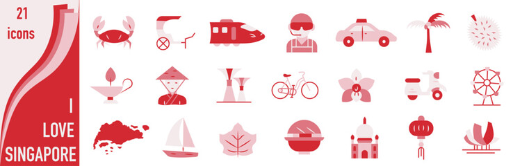 A set of icons dedicated to Singapore. A set of icons in the colors of national flags. I love Singapore.