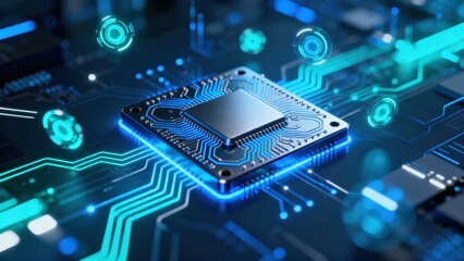 AI Learning and Artificial Intelligence Concept. Futuristic microchip surrounded by glowing circuitry and digital elements.