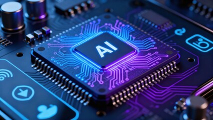 AI Learning and Artificial Intelligence Concept. High-tech circuit board with AI processor glowing in vibrant colors.