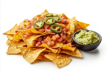 Flat lay of nachos piled with cheese, jalapeños, and guacamole dip