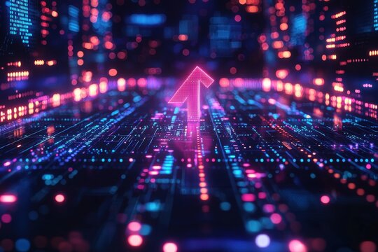 Digital warning sign amid neon network of blue and orange signals - Powered by Adobe