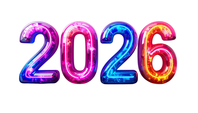 2026 in glowing neon light style, vibrant holiday typography isolated on transparent background, PNG.