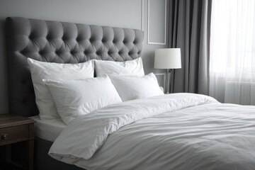 Hotel bedroom features a tufted headboard, white bedding, and soft natural light. This image can be used for advertising related to hospitality or interior design.