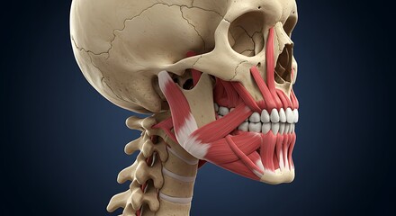 Detailed anatomical illustration showcasing human skull, muscles, and jaw structure.