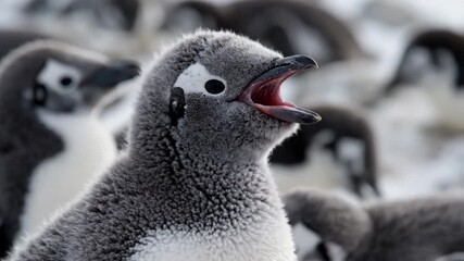Baby penguins gather in a lively colony, their fluffy gray feathers standing out against the icy background. They chirp and interact, showcasing their playful nature.
