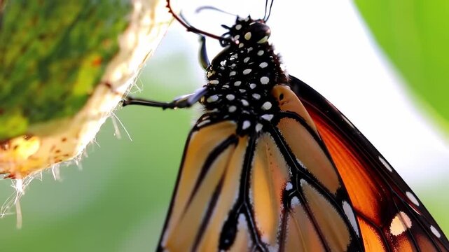 Close up of a beautiful monarch butterfly on a plant with green leaves