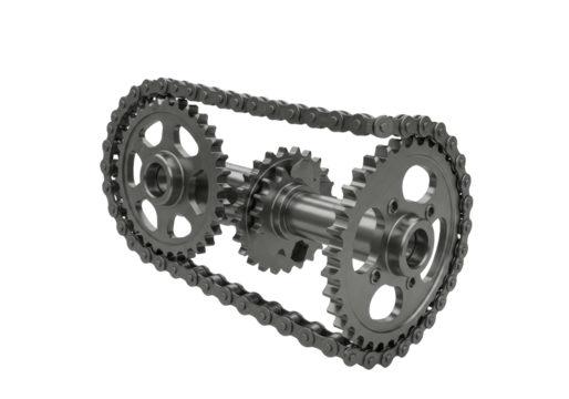 Isolated mechanical parts connecting with chain, precision engineering drivetrain assembly