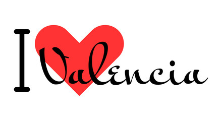 I love Valencia, city of Spain. Hand drawn letters with red heart. Vector illustration lettering, modern design