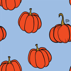 Seamless pattern with pumpkins on color background. Vector hand drawn sketched pumpkin. Autumn illustration for holidays, Halloween. Various food items in doodle style.