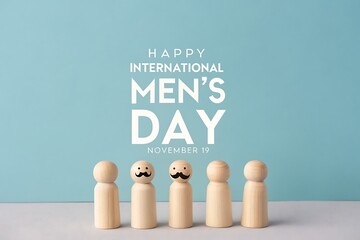 Happy International Men's Day Celebration With Wooden Peg Figures On Blue Background

