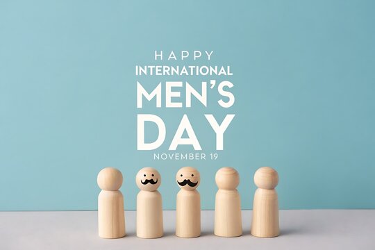 Happy International Men's Day Celebration With Wooden Peg Figures On Blue Background