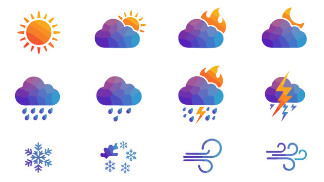 A collection of colorful low-poly weather icons depicting various atmospheric conditions like sun, clouds, rain, snow, wind, and thunderstorms.