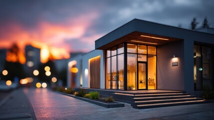 Modern glass building illuminated warmly at dusk with a vibrant, colorful sunset and blurred city lights in the background.