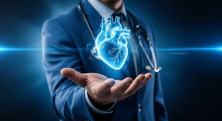 Doctor Holding a Holographic Human Heart - Cardiology, Healthcare, Medical Technology.