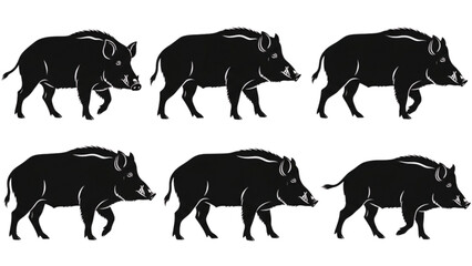 Collection of dynamic wild boar silhouettes representing strength and untamed nature