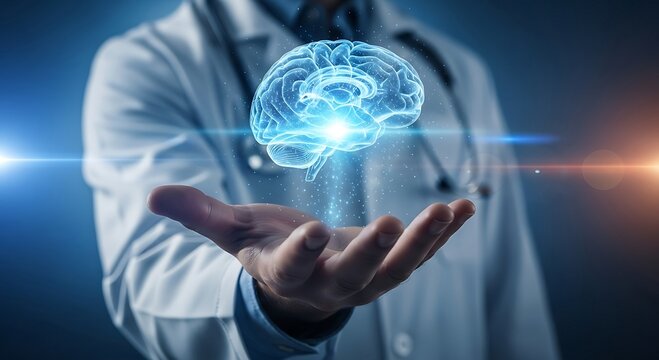 Doctor Holding Holographic Brain: Neurology, Neuroscience, AI, Healthcare. - Powered by Adobe