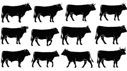 Silhouette of cattle, farm animals in black and white arrangement