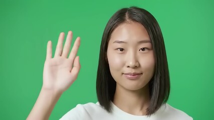 Friendly Asian Woman Waving Hello on Green Screen Background.