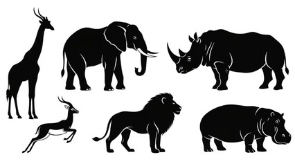 Diverse Collection of African Wildlife Silhouettes Illustrating Majestic Savannah Animals for Design Projects