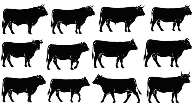 Silhouette of cattle, farm animals in black and white arrangement