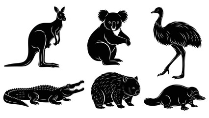 Naklejka premium Australian Wildlife Silhouette Collection Kangaroo, Koala, Emu, Crocodile, Wombat, Platypus