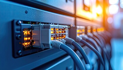 Network server rack with glowing orange lights and connected grey ethernet cables in a data center with soft bokeh background and warm lens flare lighting.