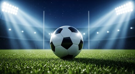 Naklejka premium A dynamic shot of a soccer ball placed on a lush green field illuminated by dramatic stadium floodlights against a dark blue night sky
