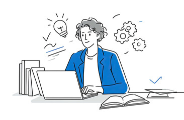 Illustration of a person working at a desk with a laptop, books, and idea-related symbols