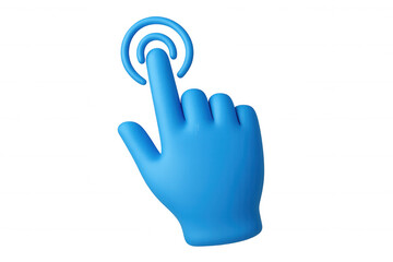 Blue 3d hand cursor icon tapping or clicking digital interface, interacting with screen, transparent background