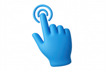 Blue 3d hand cursor icon tapping or clicking digital interface, interacting with screen, transparent background