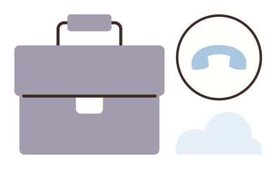Briefcase alongside phone receiver and cloud. Ideal for business, communication, mobile work, cloud computing, connectivity, professional tools, work-life balance. Simple flat metaphor