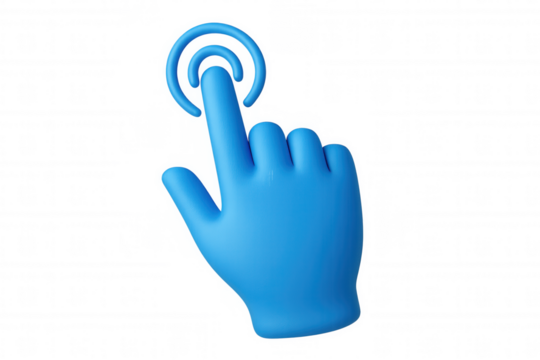 Blue 3d hand cursor icon tapping or clicking digital interface, interacting with screen, transparent background
