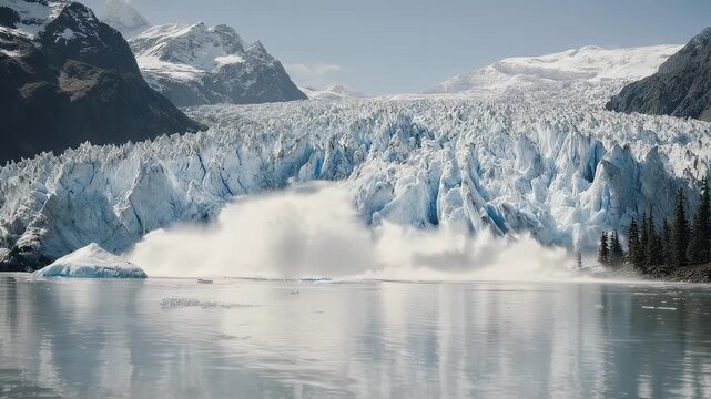 A massive glacier collapses, causing a huge plume of mist, mountains