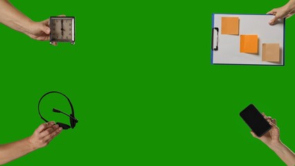 4-in-1 collage of a woman hands holding a retro clock, call center headset, smartphone, and clipboard with sticky notes on a green chroma key background.
