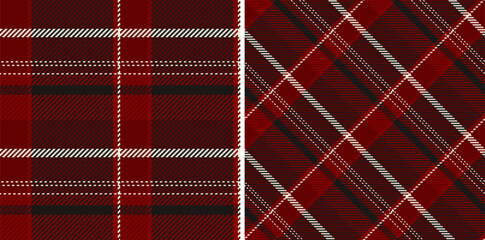 Seamless plaid patterns feature classic Scottish tartan designs in festive red and white hues.  Ideal for backgrounds, textiles, fashion or holidaythemed designs.
