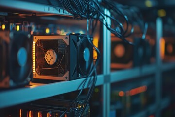Multiple mining rigs with glowing lights in a high-tech data center at night